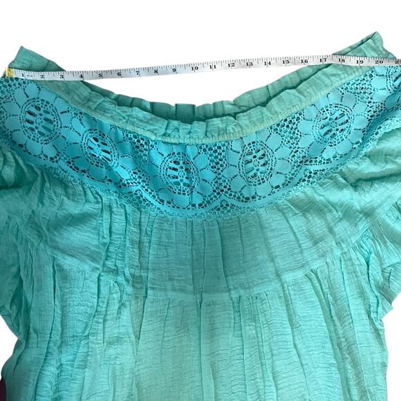 Aqua Boho Crochet Maxi Dress Flowy Crinkle Gauze Peasant Beach Caftan - Picture 6 of 8